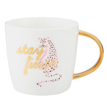 Load image into Gallery viewer, Coffee Mug with Gold handle reading Stay Fierce over a pink cheetah
