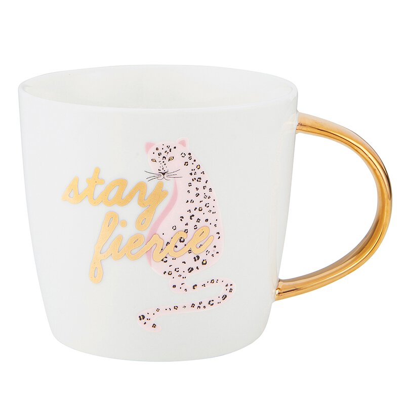 Coffee Mug with Gold handle reading Stay Fierce over a pink cheetah