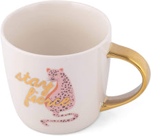 Load image into Gallery viewer, Stay Fierce Coffee Mug - Gift Mug for Her - Mug with Cheetah - Encouraging Gift Coffee Cup with Gold Details

