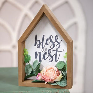 Wood House Shelf Decor - Bless Our Nest Floral Sitter