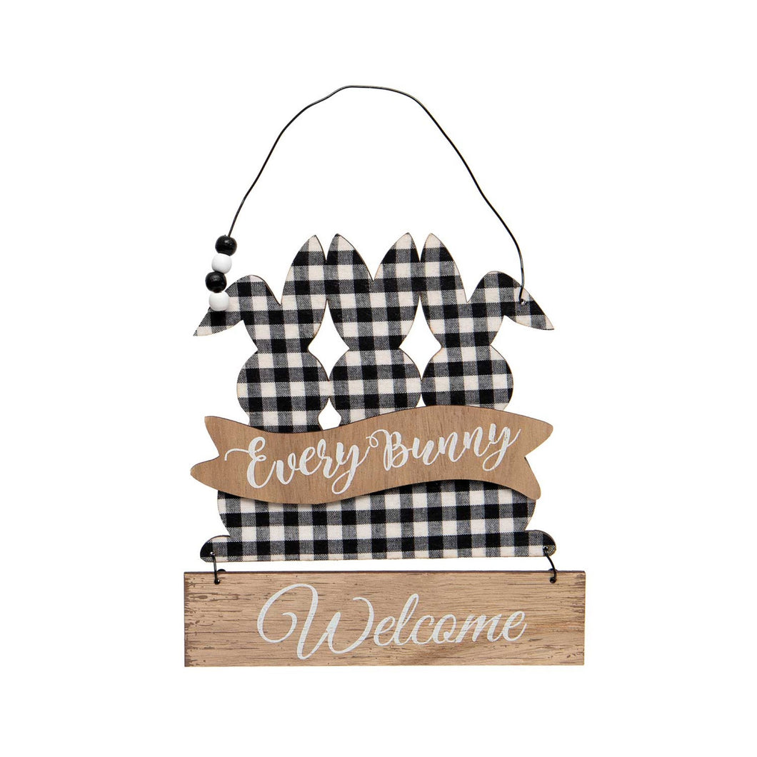 Welcome Bunny Door Hanger - Black and White Plaid