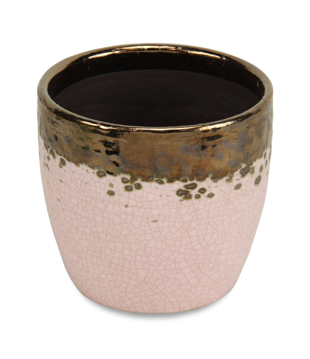 Pink Crackle Glaze Ceramic Pot with Gold Electroplated Rim
