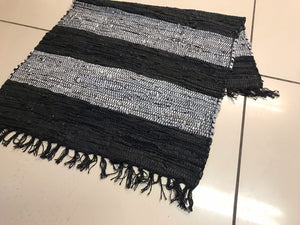 Striped leather chindi rug, black and grey