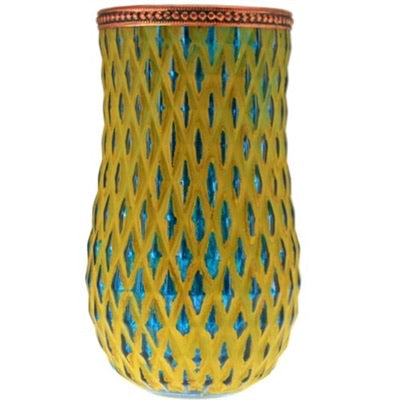 Minu Glass Lantern - Blue And Yellow Vase - Glass Lantern With Copper Rim