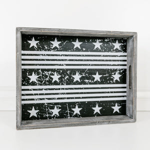 Stars And Stripes Wood Table Tray | Decorative Wood Patriotic Tray | Black And White Wood Tray