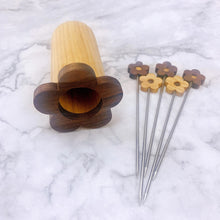 Load image into Gallery viewer, Cocktail Picks - Walnuts and Ash Wood Flower Appetizer Pick Set With Holder
