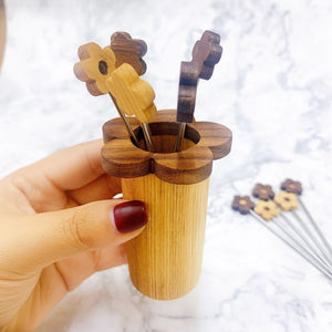 Cocktail Picks - Walnuts and Ash Wood Flower Appetizer Pick Set With Holder