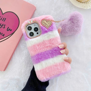 Fuzzy Phone Case | Pink and Purple Striped | iPhone 12